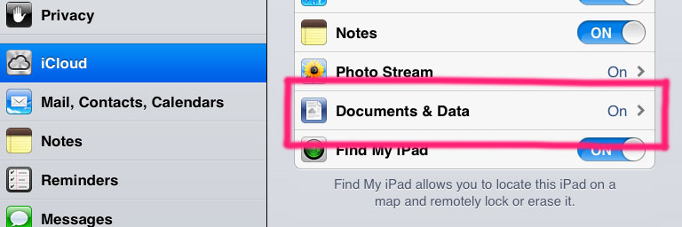 iCloud Settings - Documents & Data